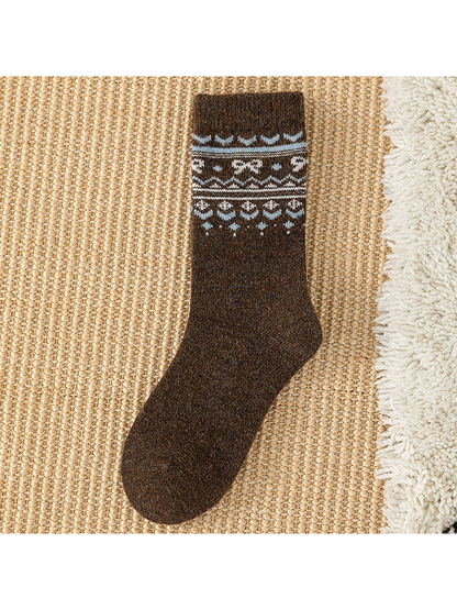 Dark Brown crew sock with light blue and white geometric cuff bands