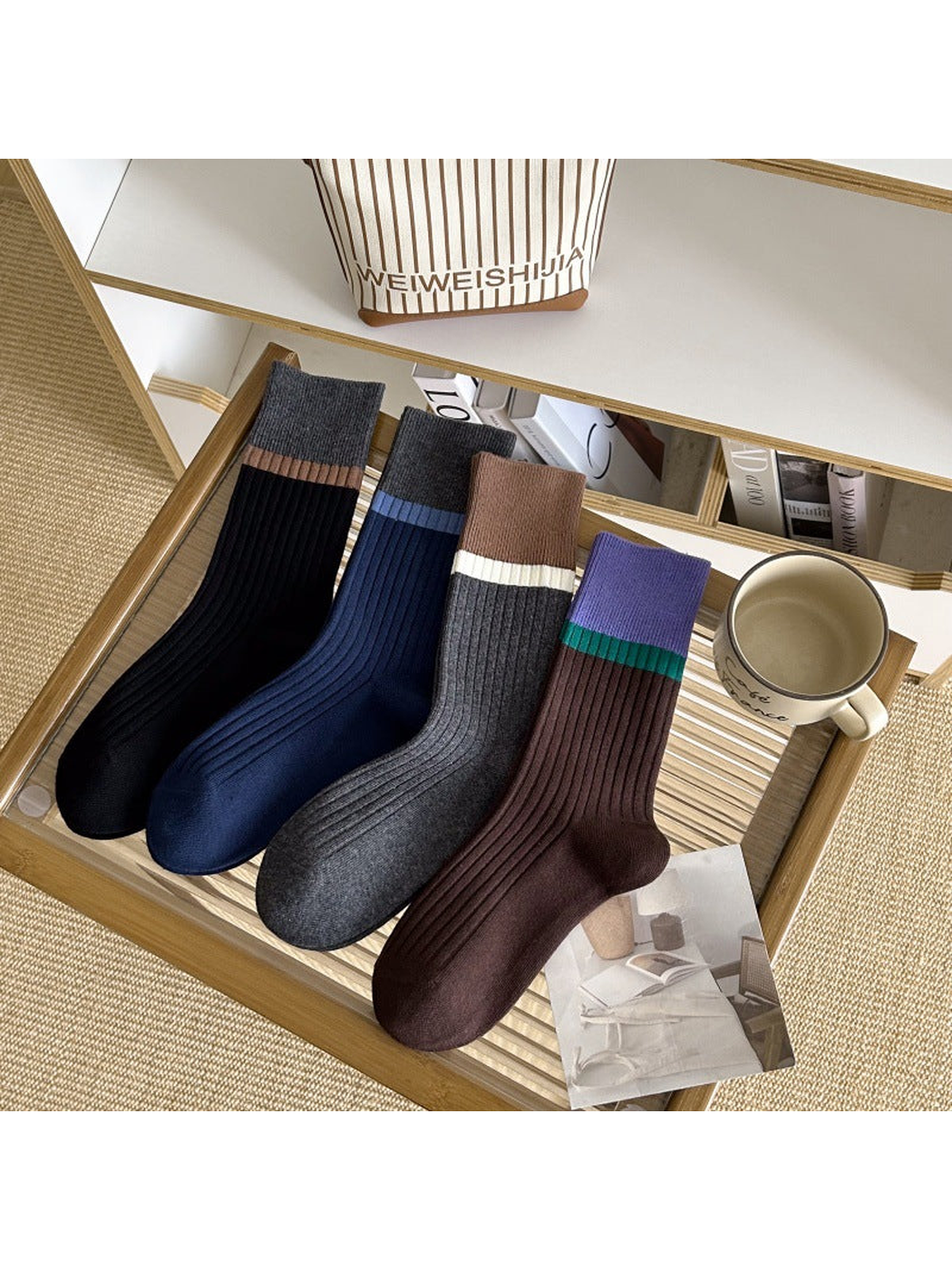 Black, Navy, Dark Gray and Coffee ribbed crew socks displayed together
