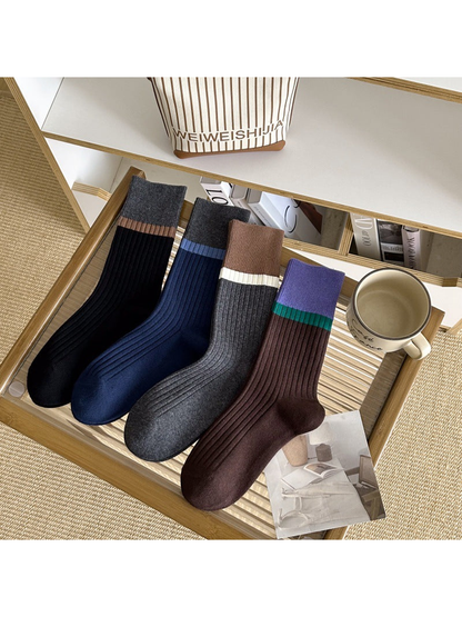 Black, Navy, Dark Gray and Coffee ribbed crew socks displayed together