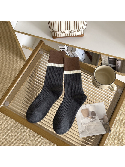 Dark Gray ribbed crew socks with a contrasting cuff stripe
