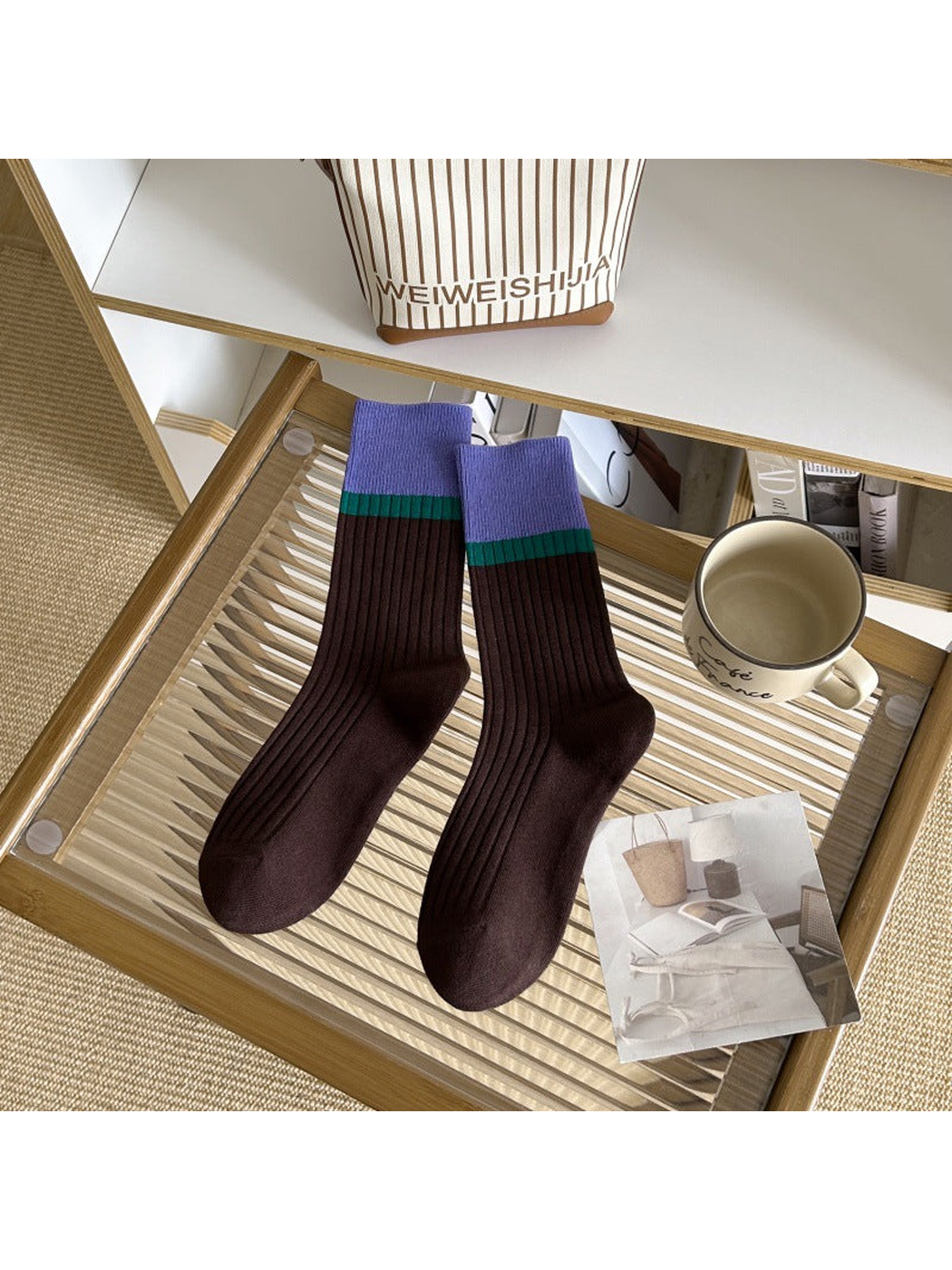 Coffee ribbed crew socks with a contrasting cuff stripe
