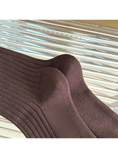 Close-up of the Coffee sock heels and ribbed knit texture