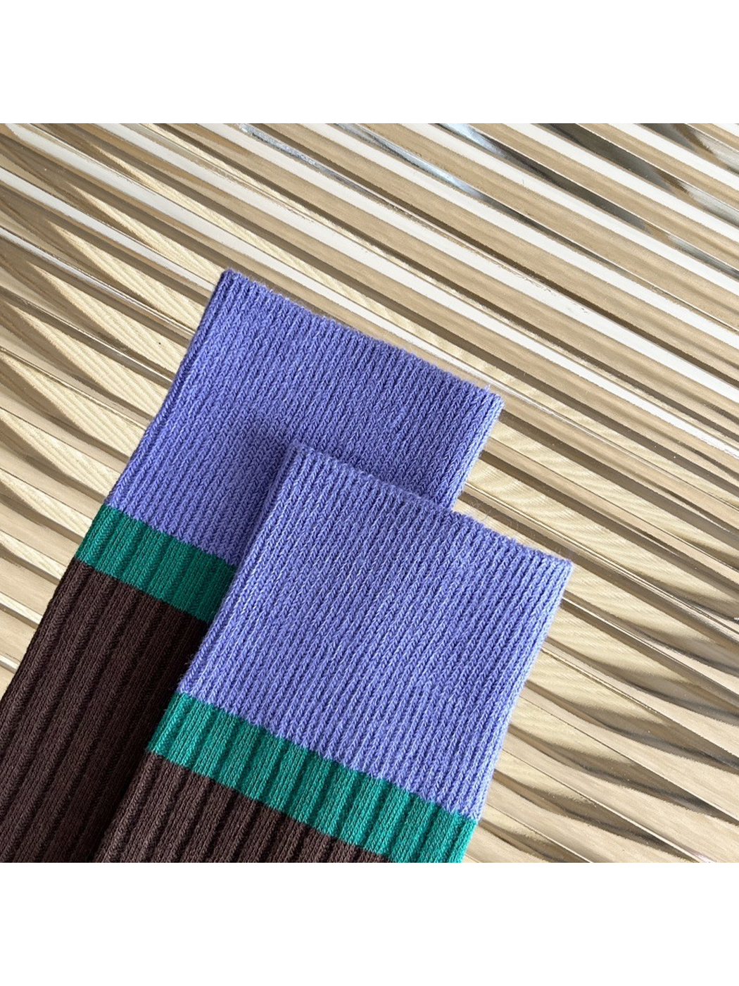 Close-up of the Coffee sock cuffs and contrasting green stripe