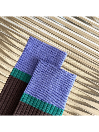 Close-up of the Coffee sock cuffs and contrasting green stripe
