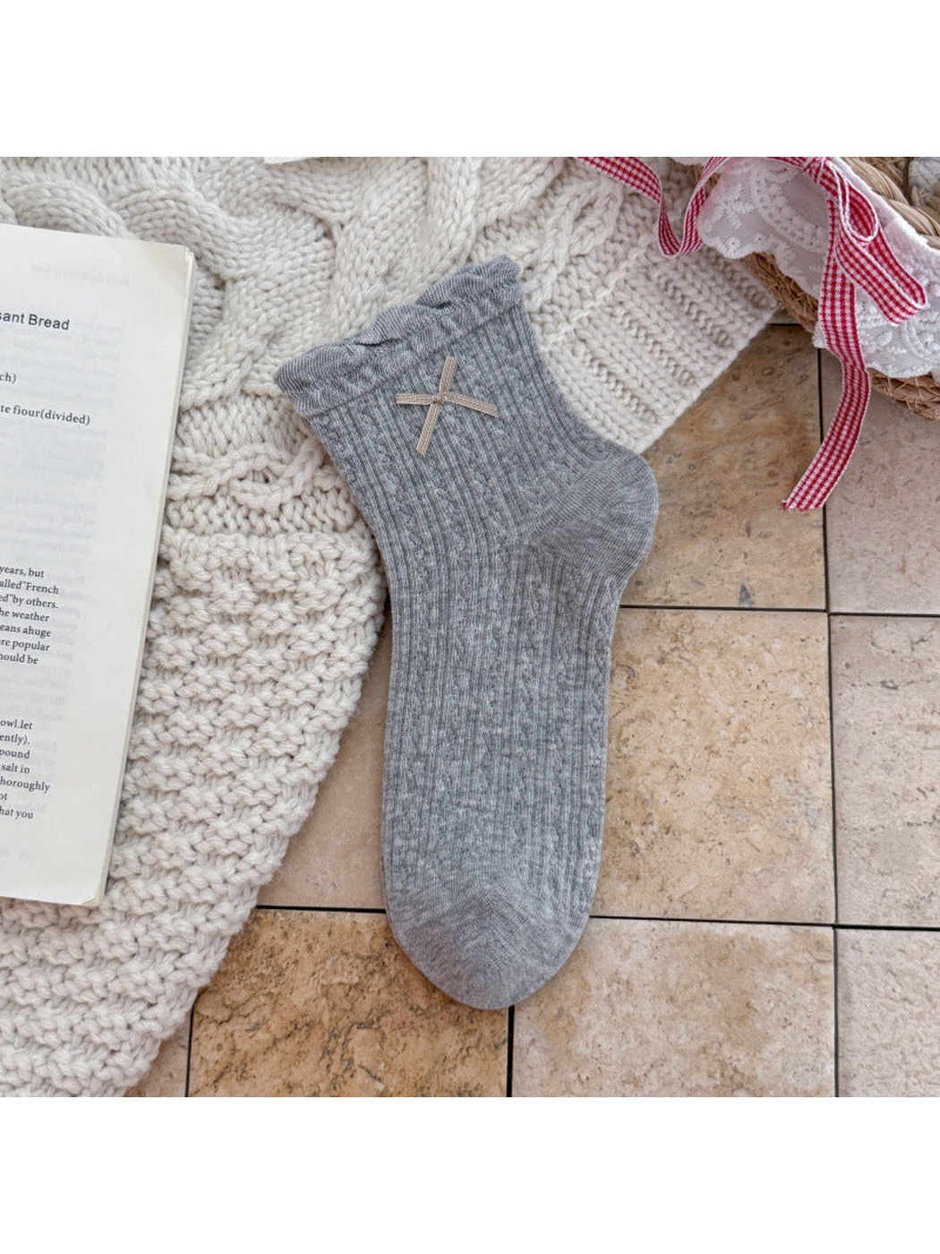 Heather Gray ankle sock with ruffled cuff, ribbon bow, and pointelle texture