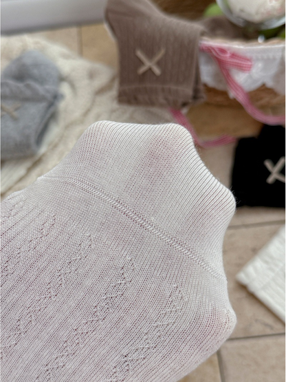 Macro view of the White sock pointelle pattern and sheer knit texture
