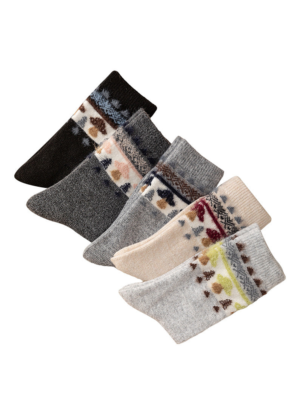 Five colors of mushroom motif crew socks displayed together