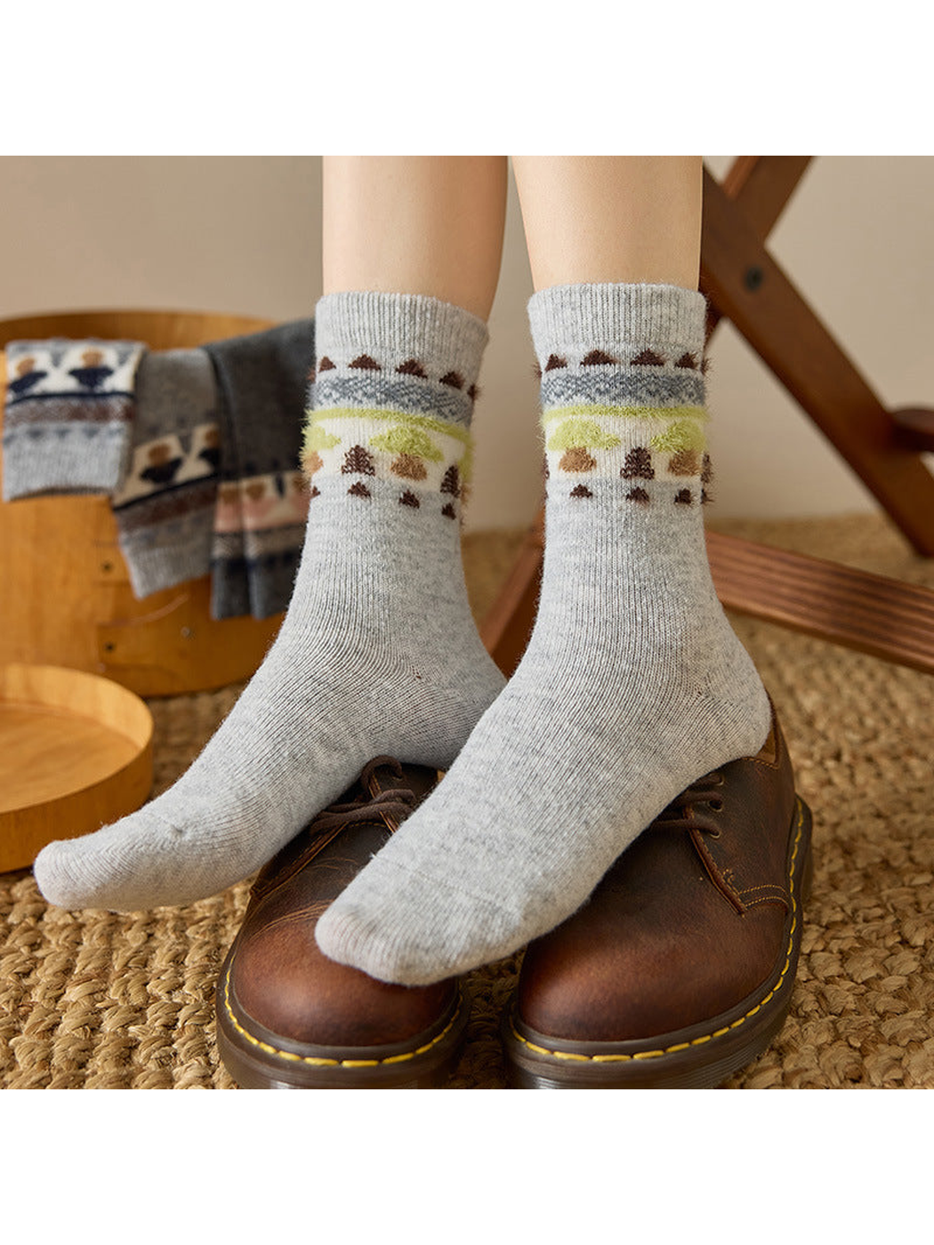 Light Gray mushroom motif crew socks styled with brown lace-up shoes