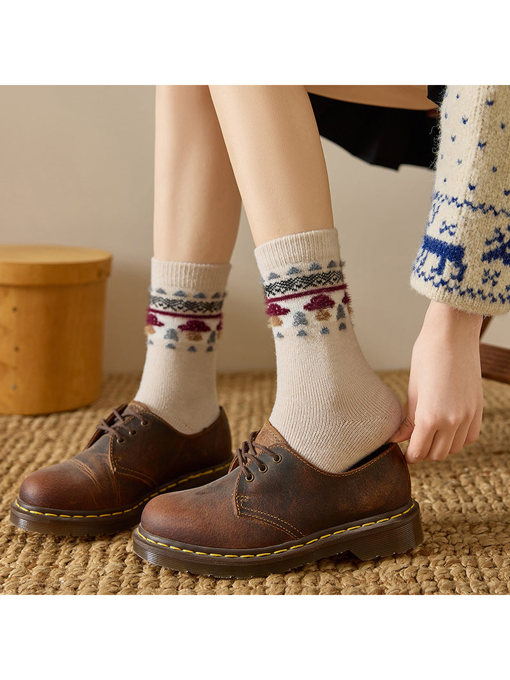 Beige mushroom motif crew socks worn with brown lace-up shoes