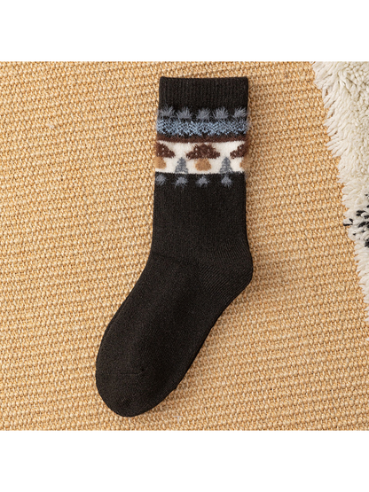 Black crew sock with mushroom and geometric cuff motif