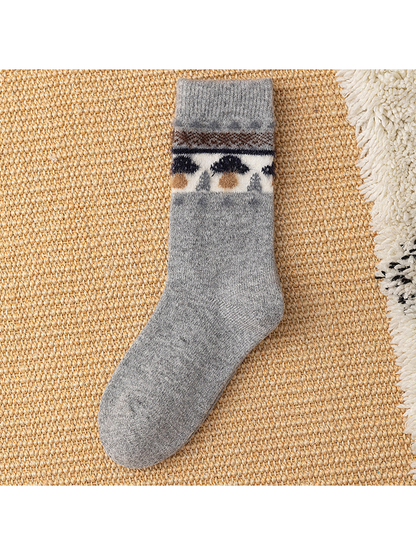 Heather Gray crew sock with mushroom and geometric cuff motif
