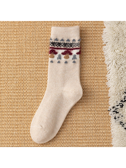 Beige crew sock with mushroom and geometric cuff motif