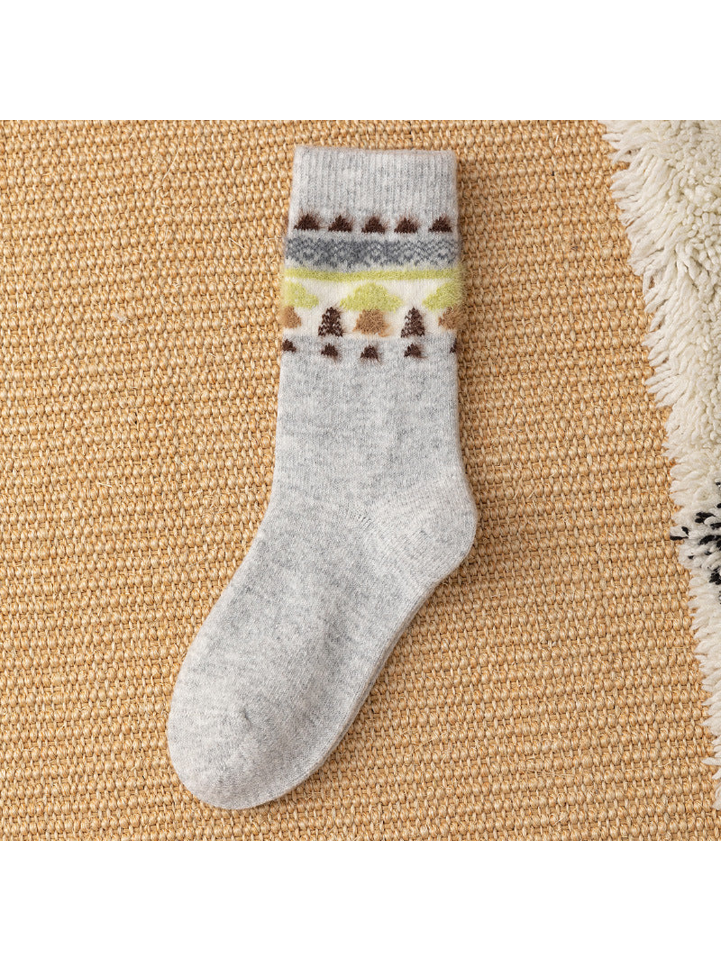 Light Gray crew sock with mushroom and geometric cuff motif