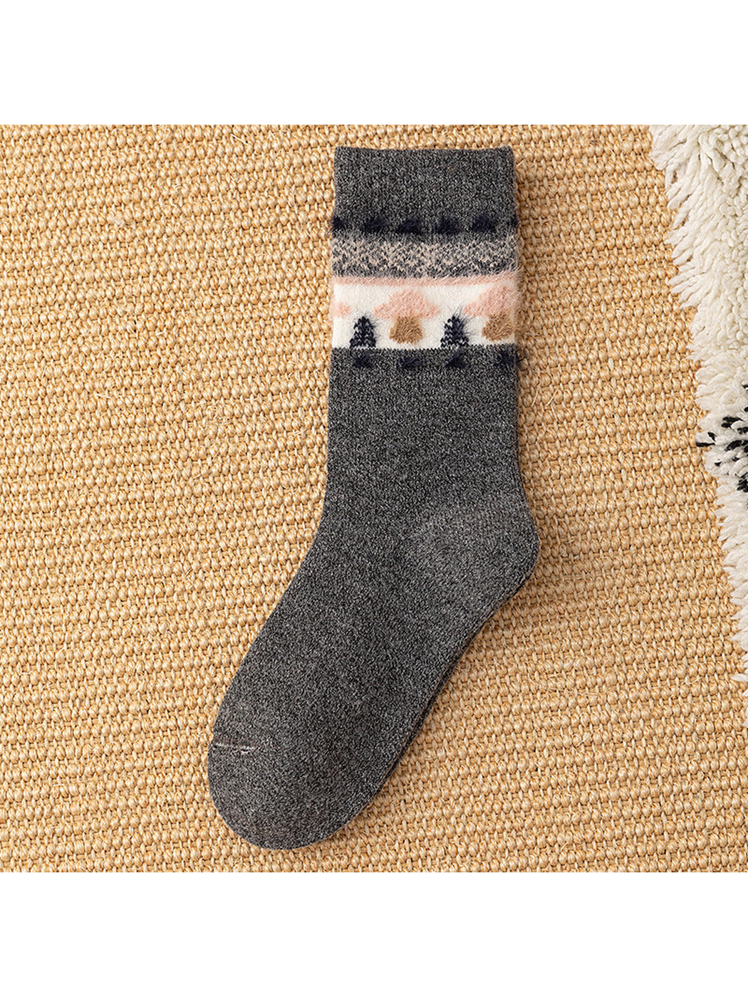 Dark Gray crew sock with mushroom and geometric cuff motif