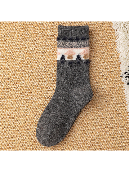 Dark Gray crew sock with mushroom and geometric cuff motif