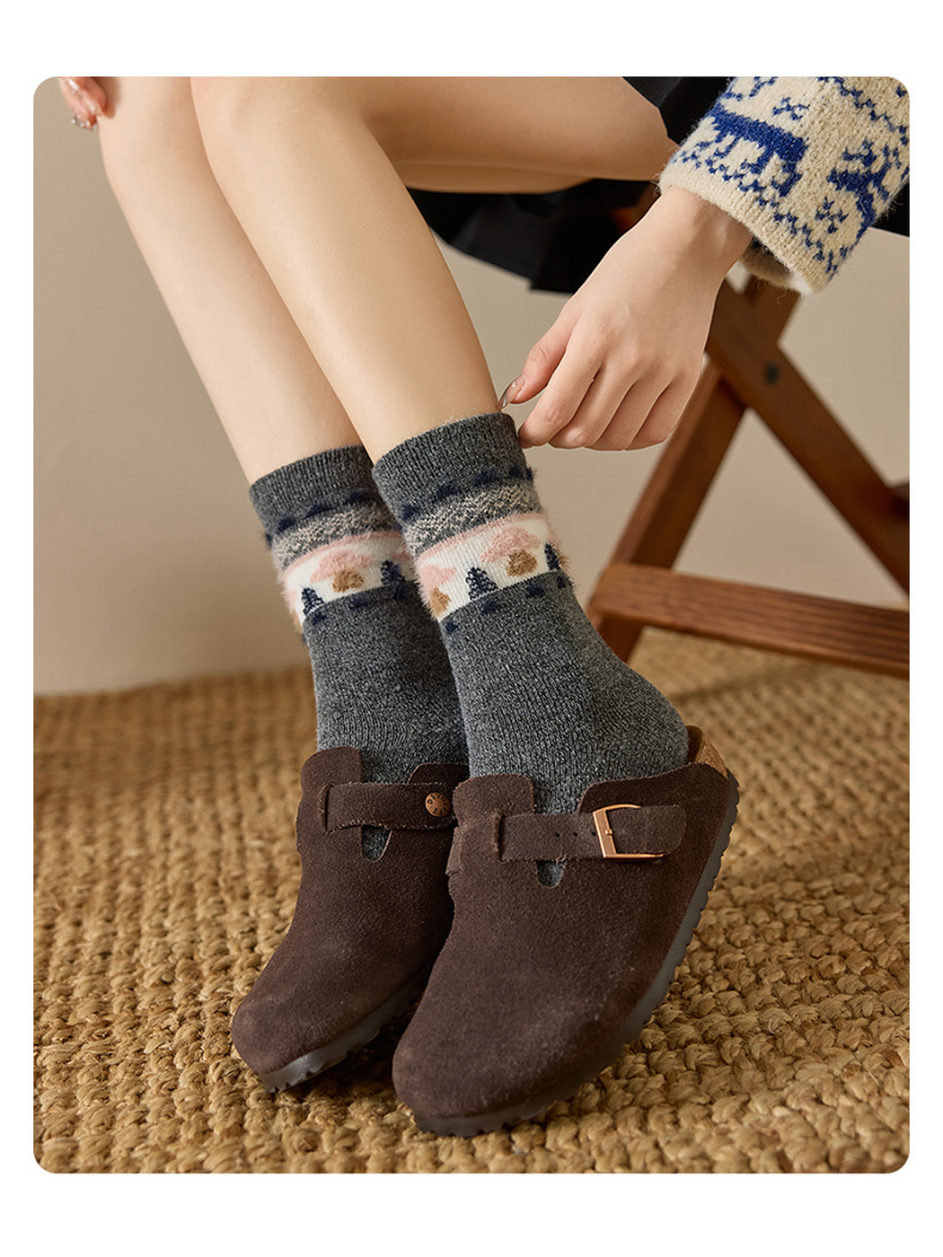 Dark Gray mushroom motif crew socks styled with brown clogs