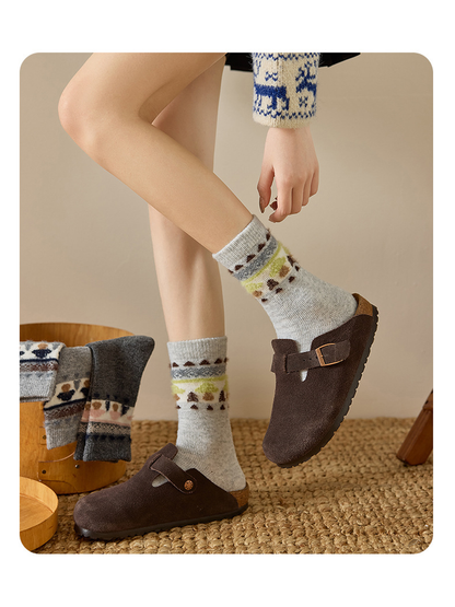 Light Gray mushroom motif crew socks worn with brown clogs