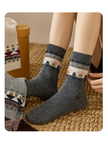 Close view of Dark Gray mushroom motif crew socks without shoes