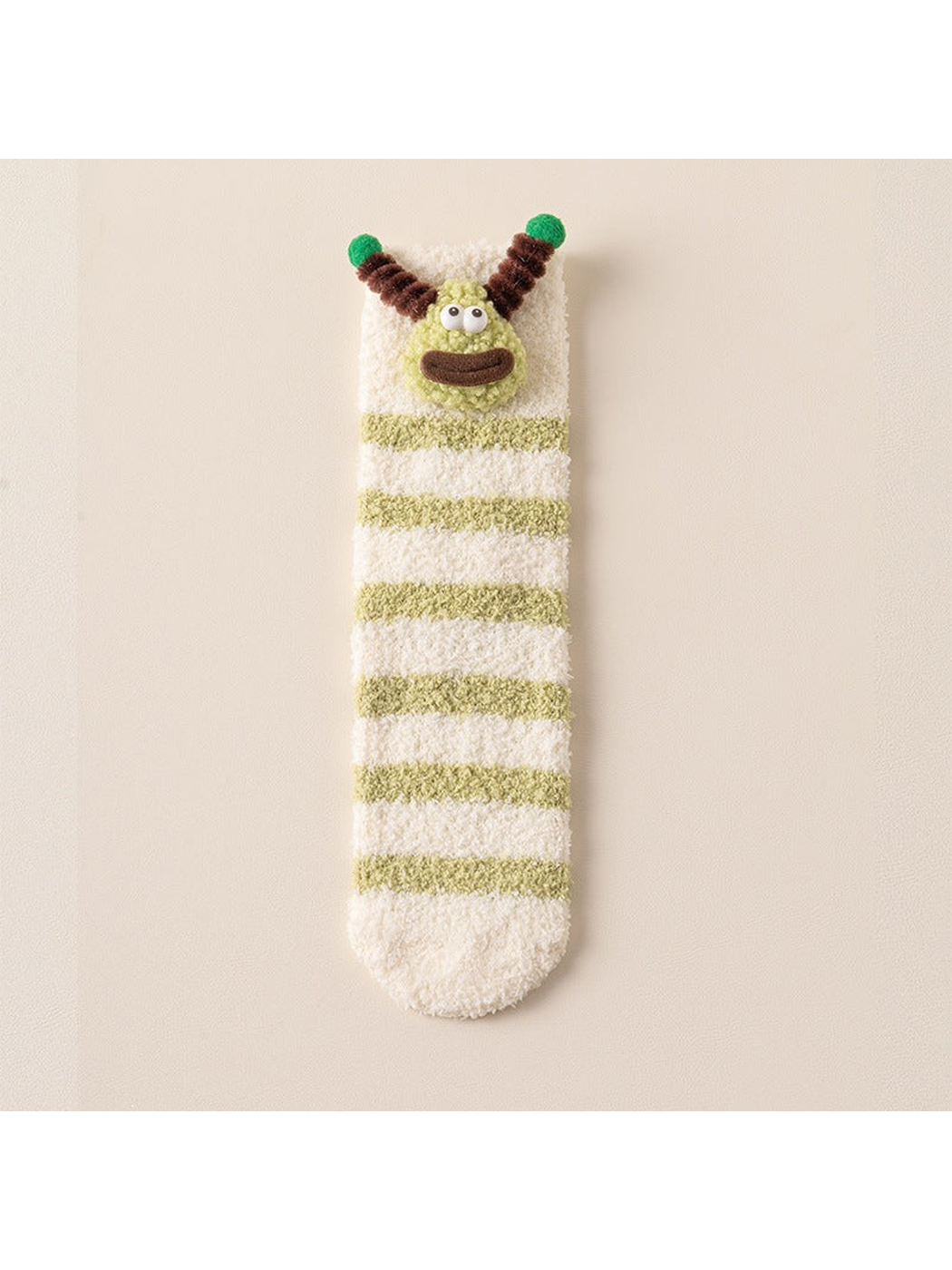 Green Stripes fuzzy crew sock with cartoon face applique, full view