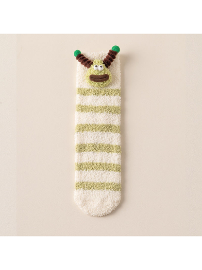 Green Stripes fuzzy crew sock with cartoon face applique, full view