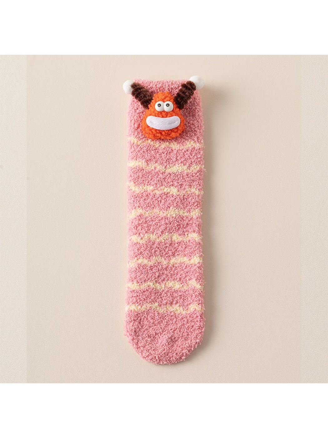 Pink Waves fuzzy crew sock with cartoon face applique, full view