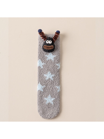 Blue Stars fuzzy crew sock with cartoon face applique, full view