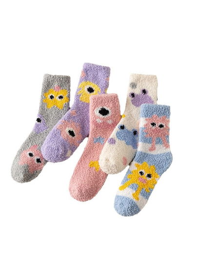 Five colorful fuzzy-textured crew sock styles displayed on a white background