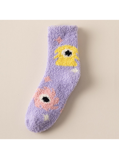 One-Eyed light purple fuzzy-textured crew sock with cartoon motifs