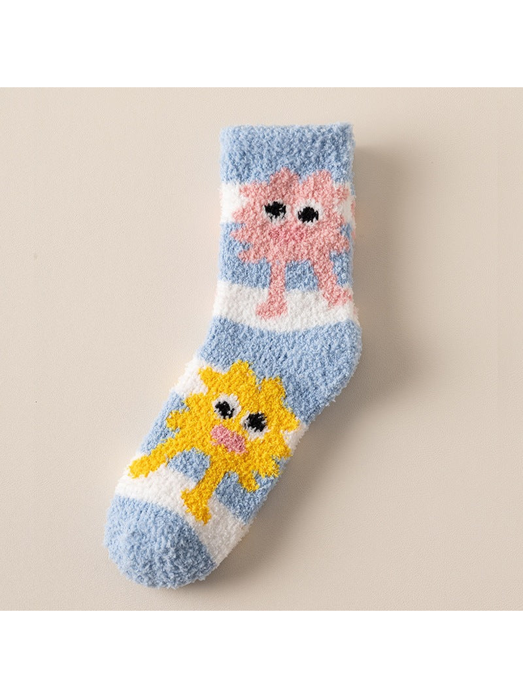 Striped light blue fuzzy-textured crew sock with cartoon motifs