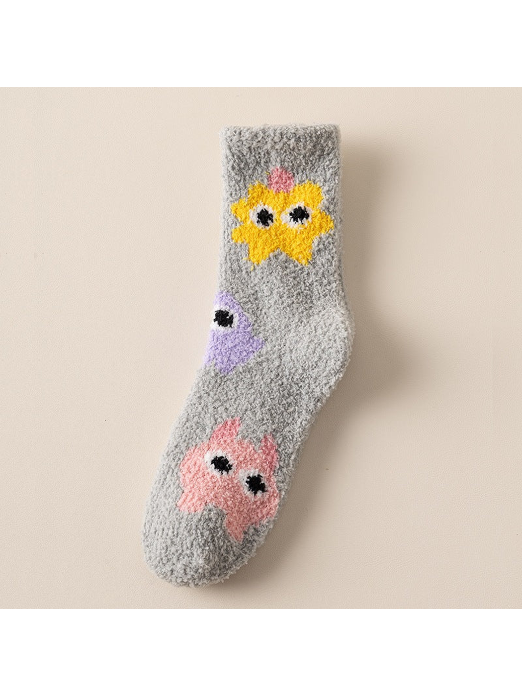 Tricolor gray fuzzy-textured crew sock with cartoon motifs