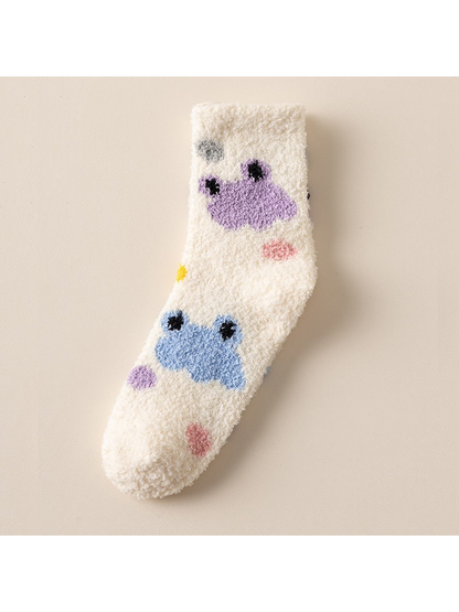 Dotted ivory fuzzy-textured crew sock with colorful cartoon motifs