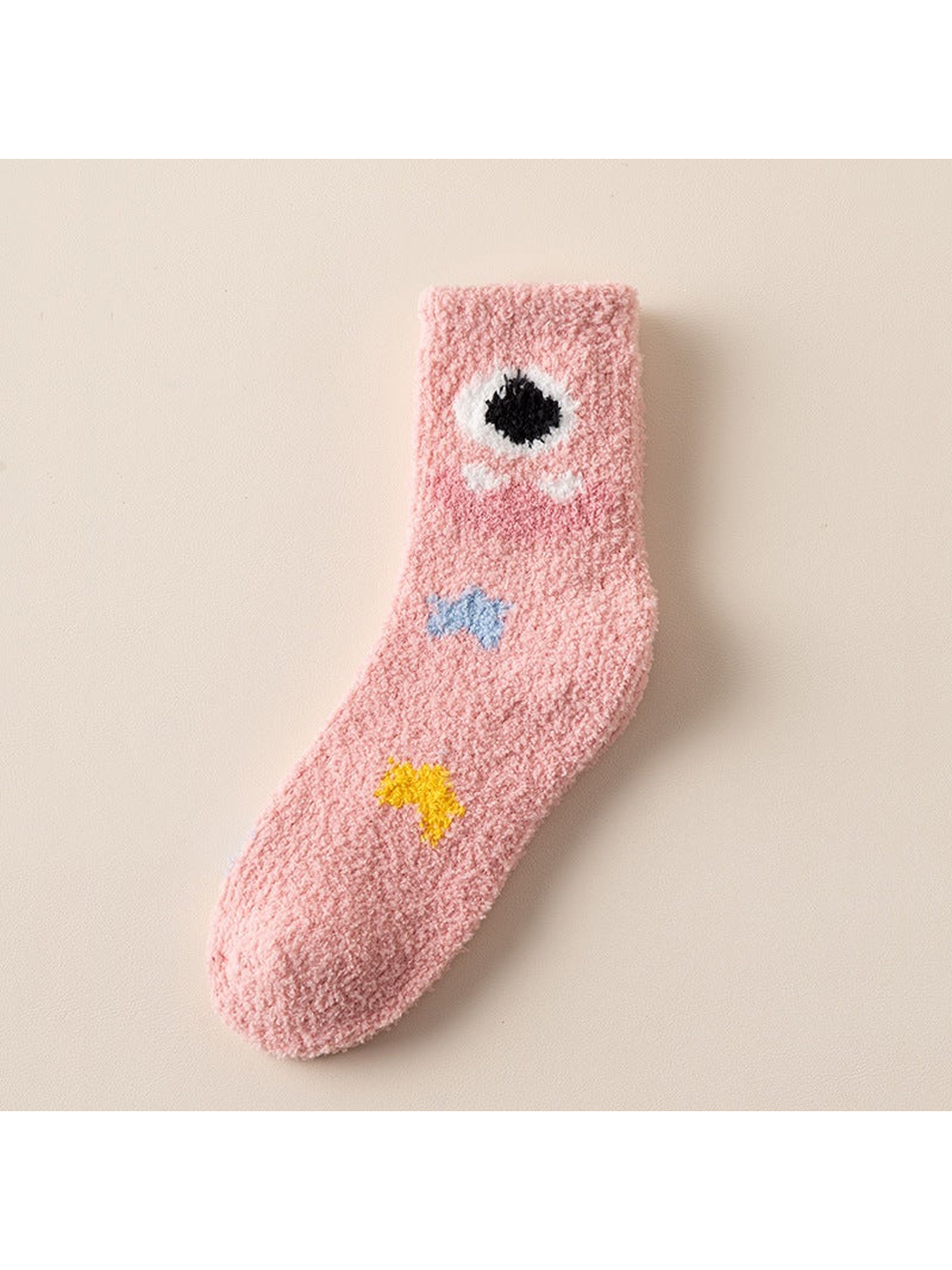 Bow Star pink fuzzy-textured crew sock with eye, bow and star motifs
