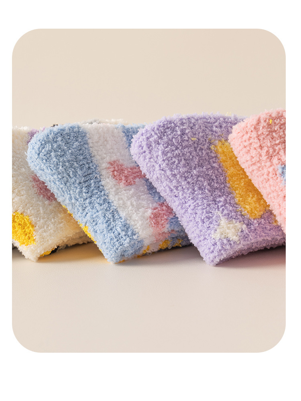 Close-up of the fuzzy texture and folded cuffs in several sock styles