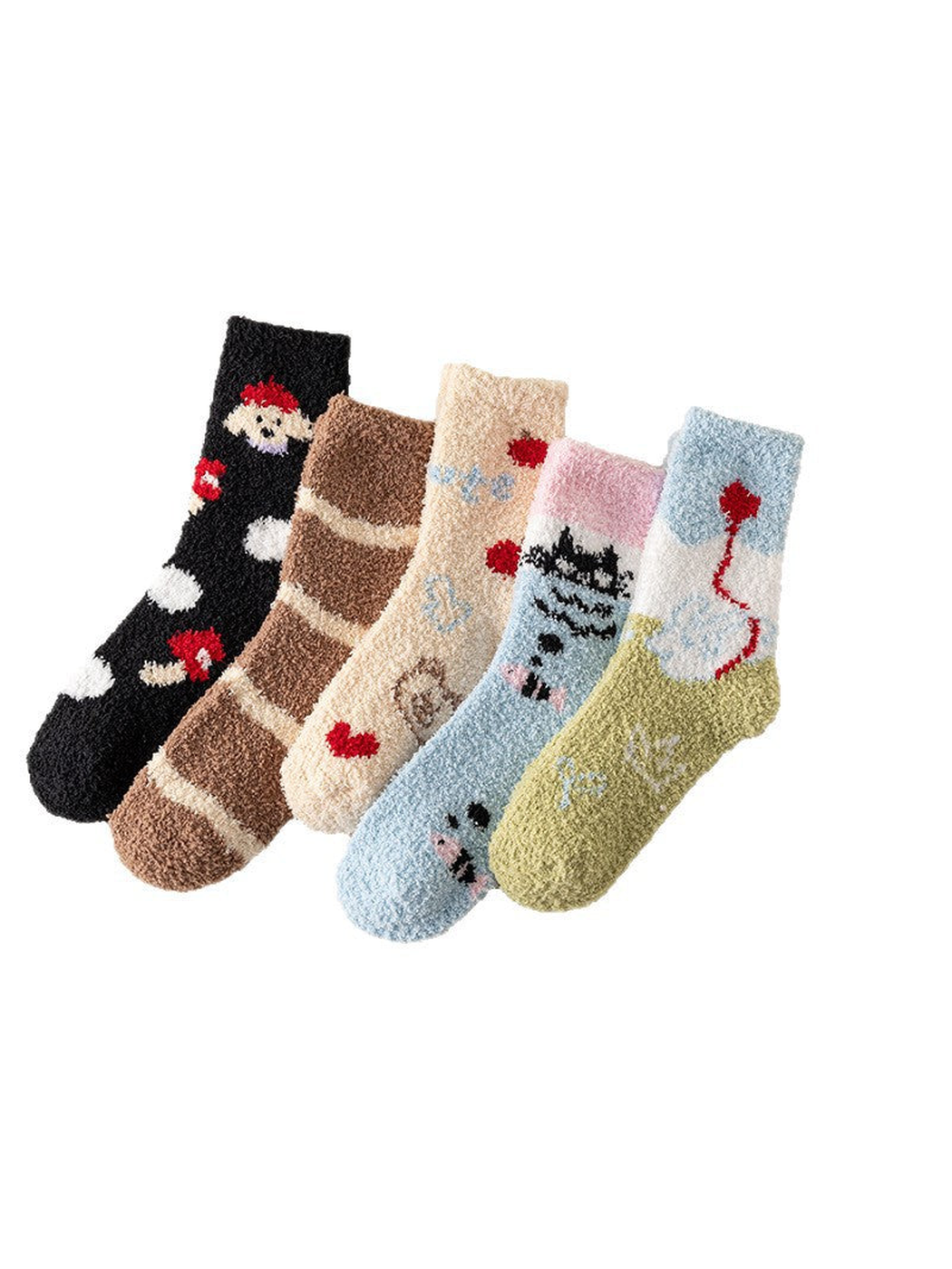 Five fuzzy crew sock styles displayed together on a white background