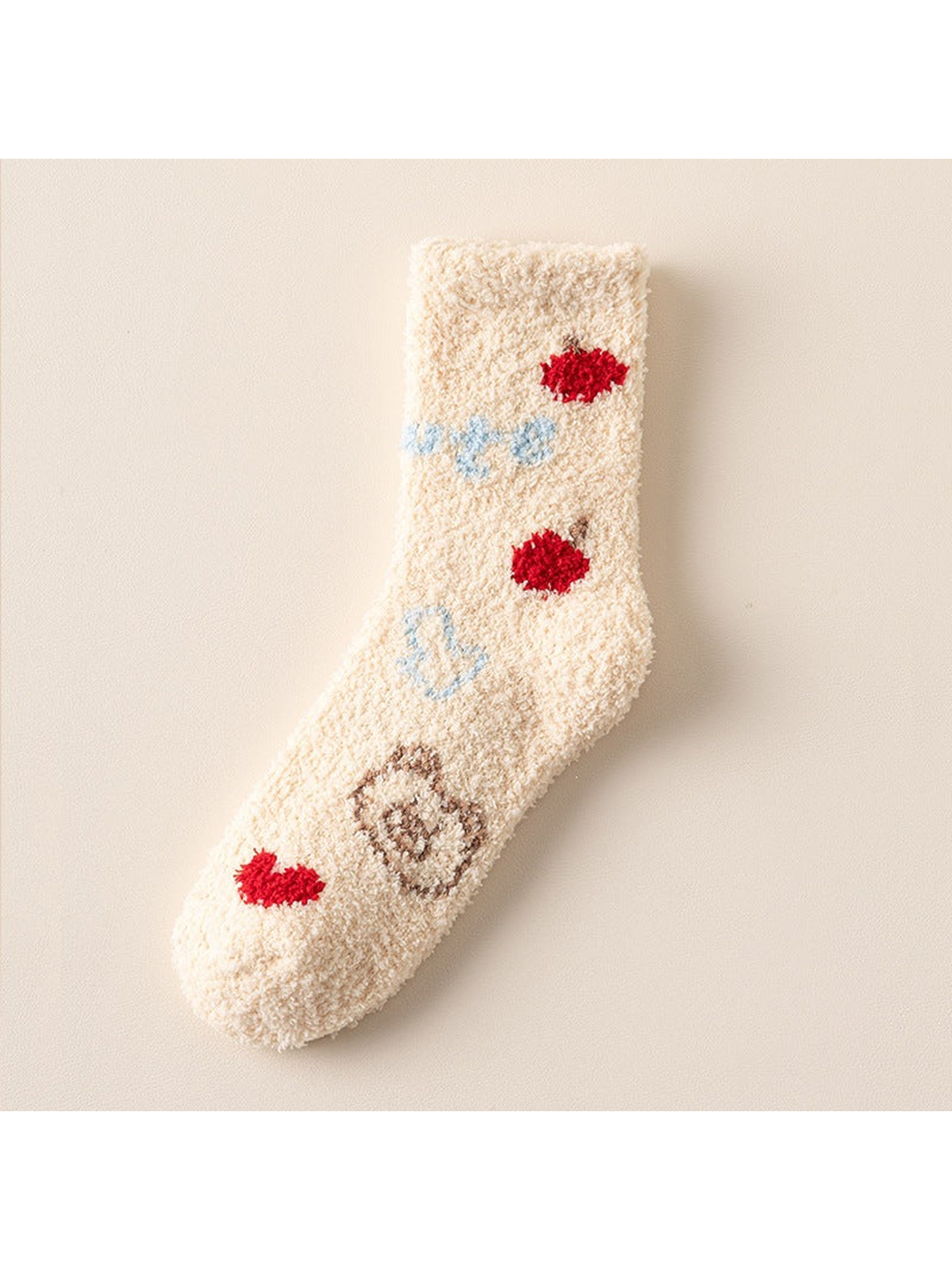 Cherry Hedgehog cream fuzzy crew sock, full view