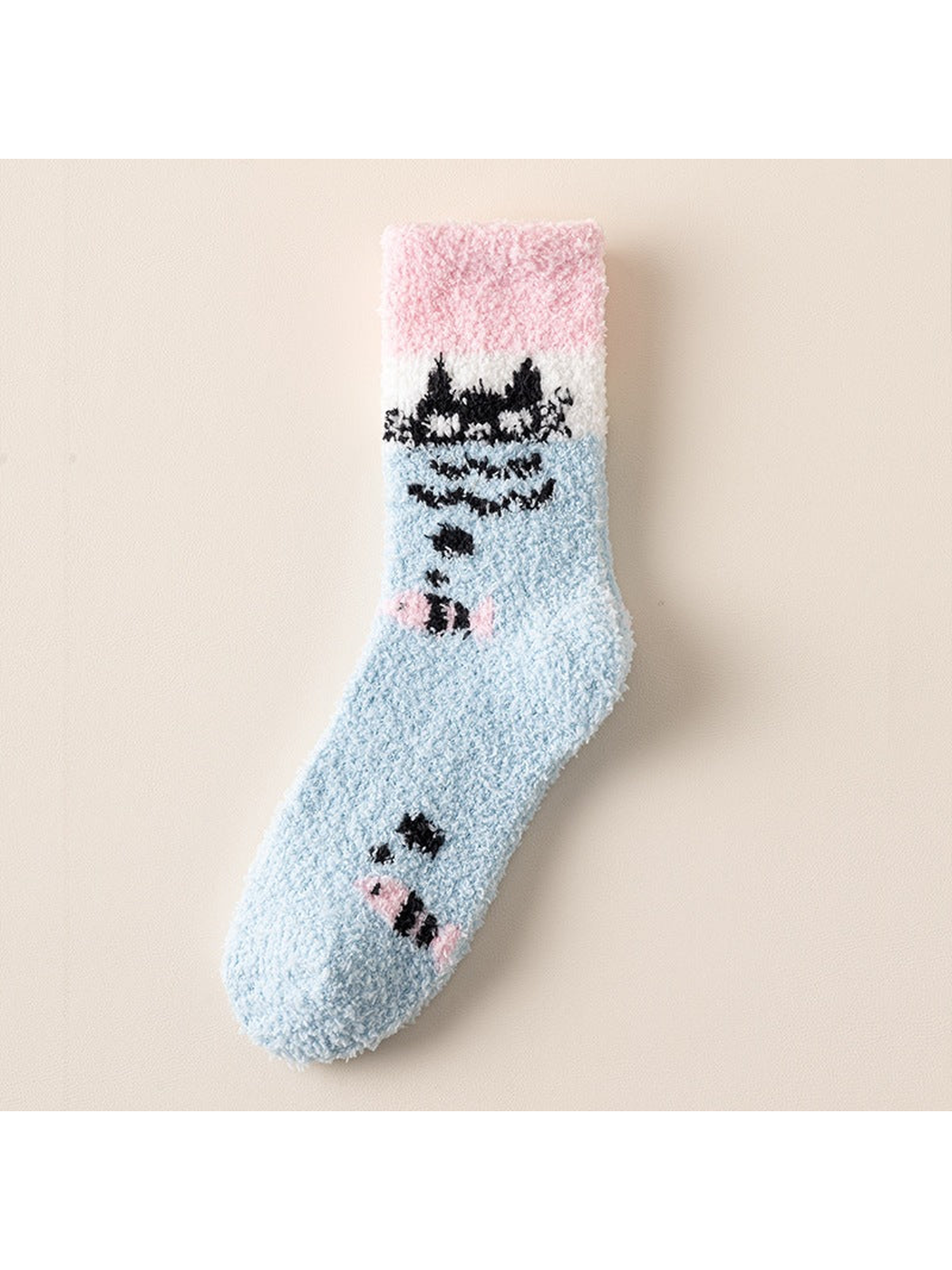 Cat light blue fuzzy crew sock, full view