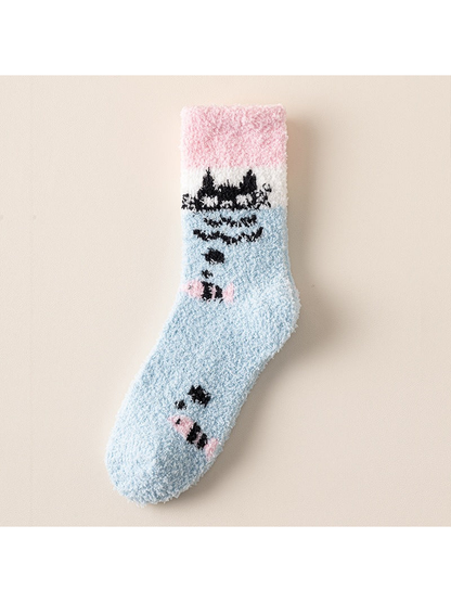 Cat light blue fuzzy crew sock, full view