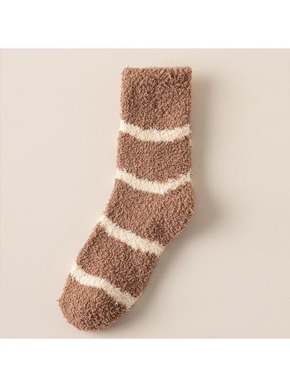 Stripe brown fuzzy crew sock, full view