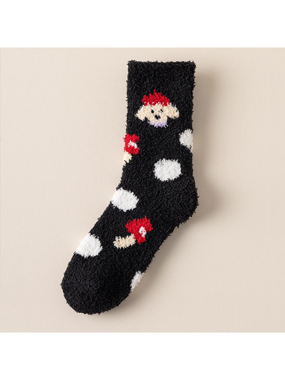 Gnome Mushroom black fuzzy crew sock, full view