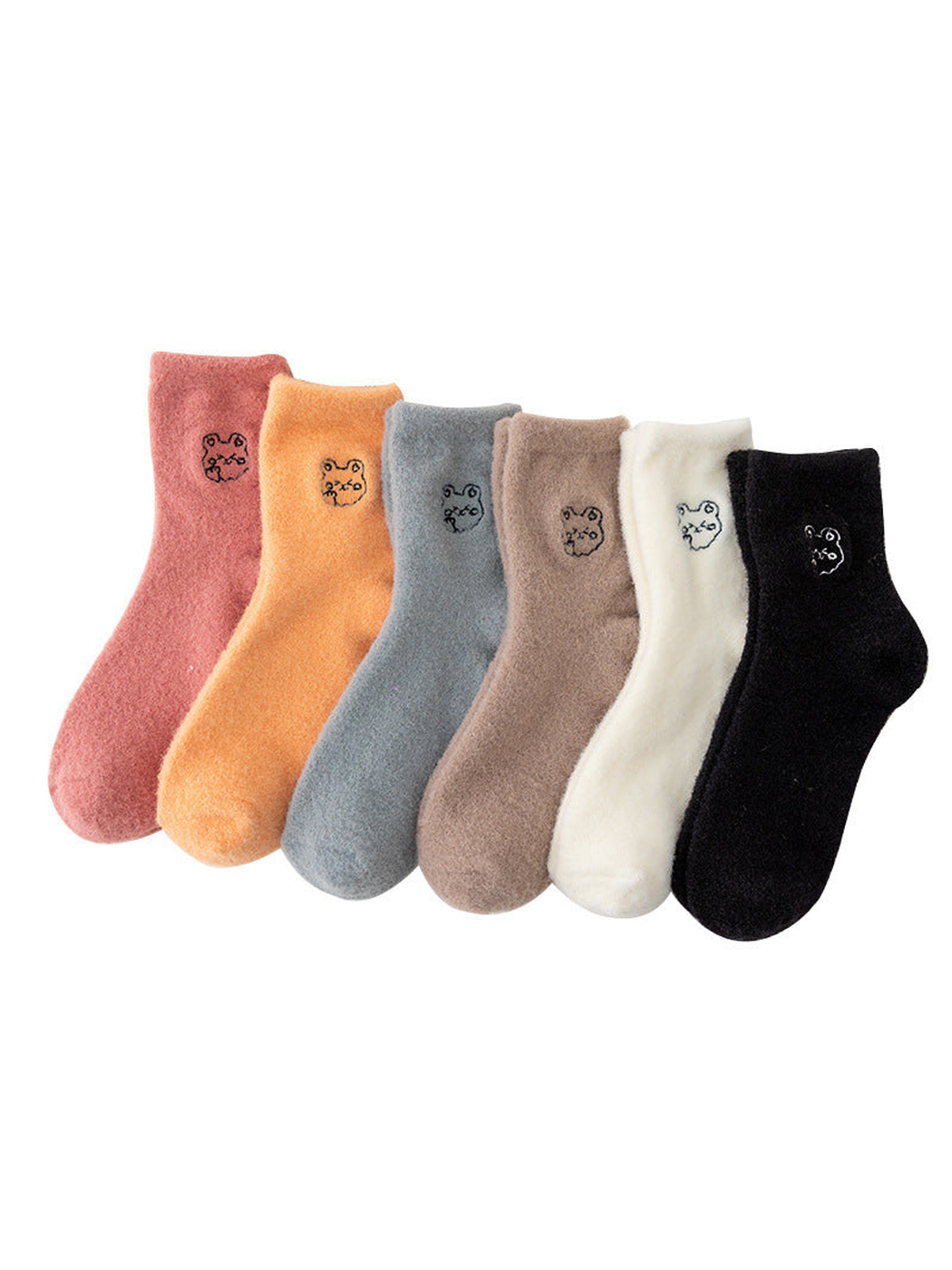 Orange, gray, dusty pink, ivory, black and khaki fuzzy crew socks displayed together