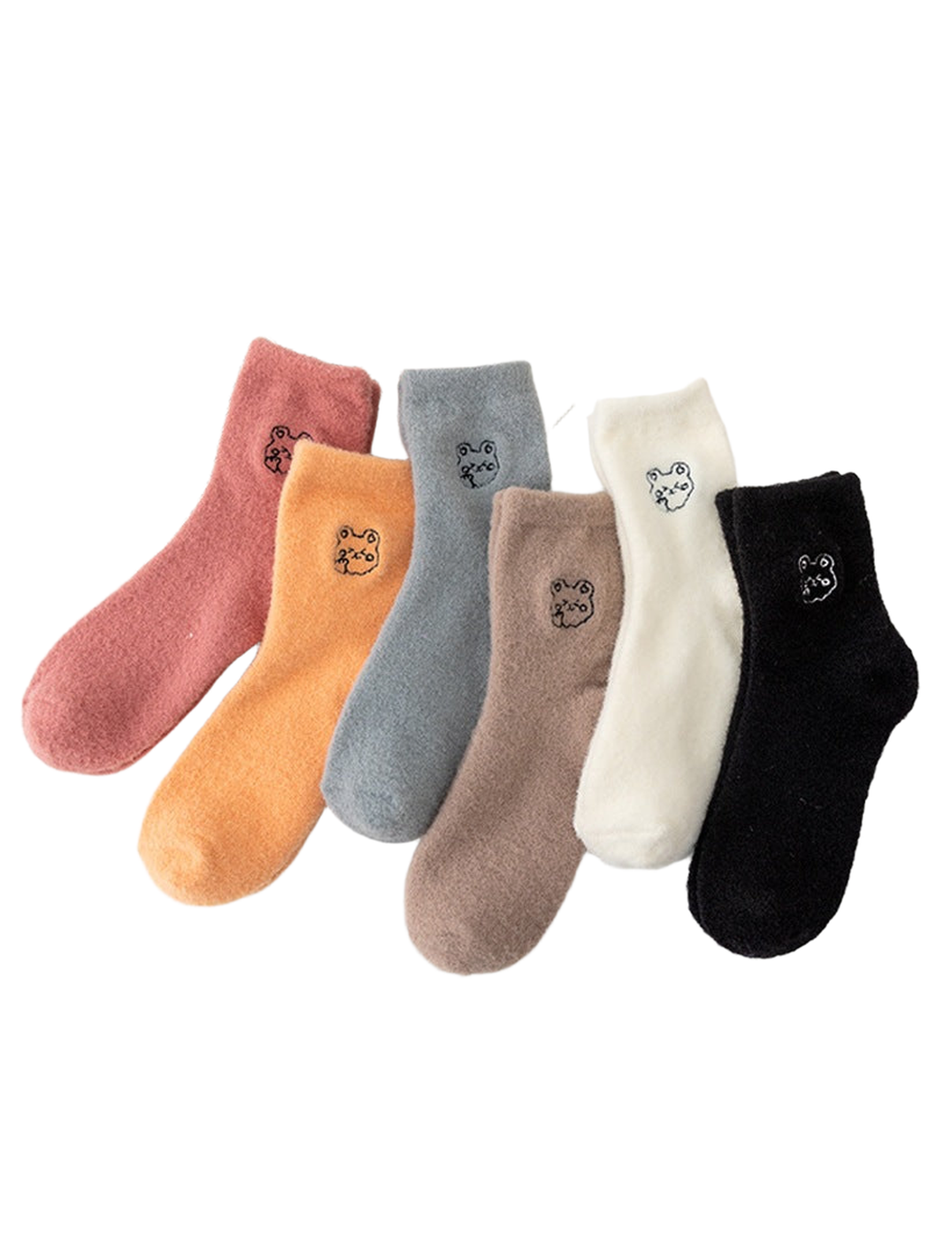Six colors of fuzzy crew socks with small outlined animal-face motifs
