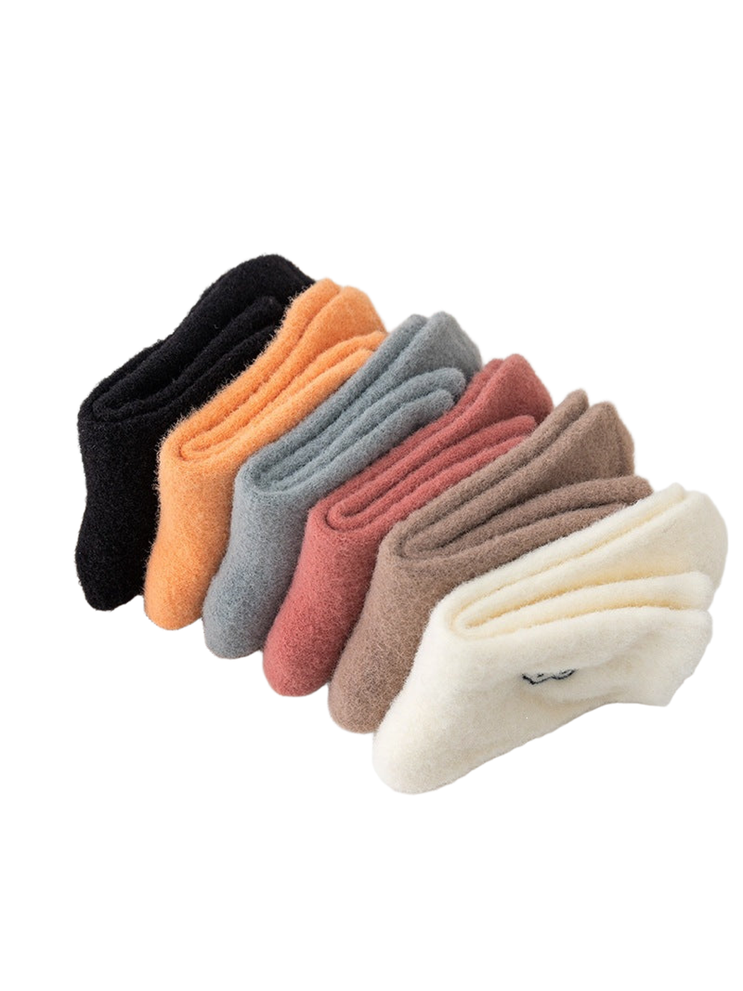 Six colors of fuzzy crew socks arranged in folded side views