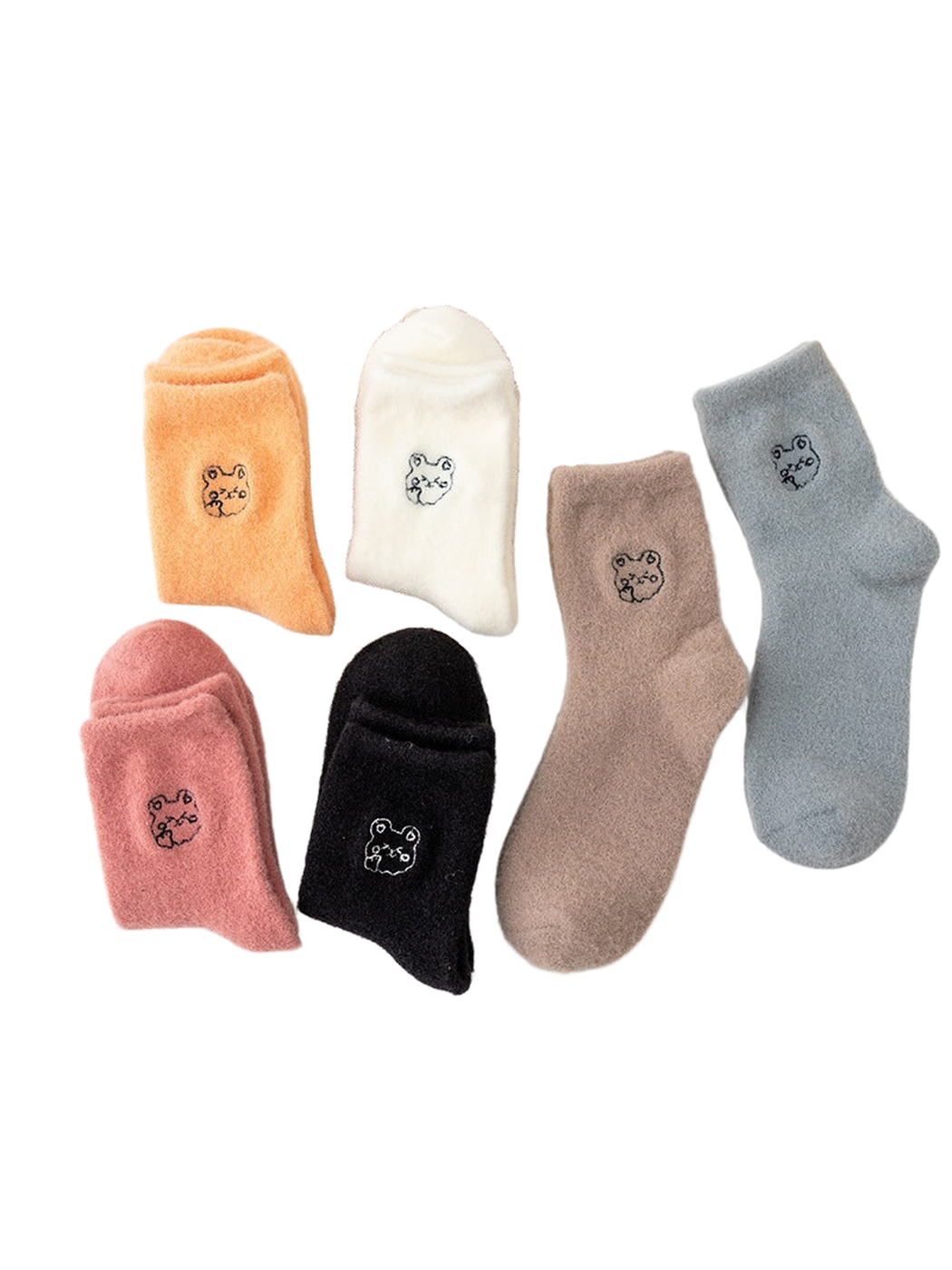 Six colors of fuzzy crew socks displayed in paired and folded views