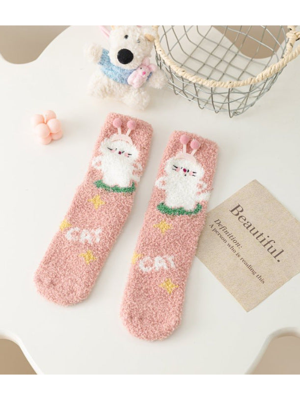 Cat Character fuzzy socks with raised pink pom-pom accents