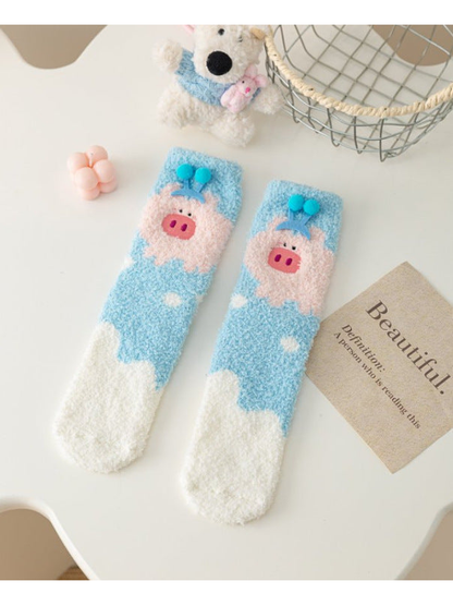 Pig Character fuzzy socks with blue and white color blocking