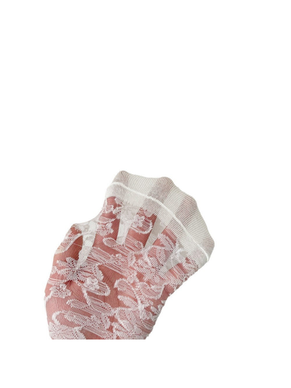 Close-up of the White sock's sheer floral lace mesh and cuff