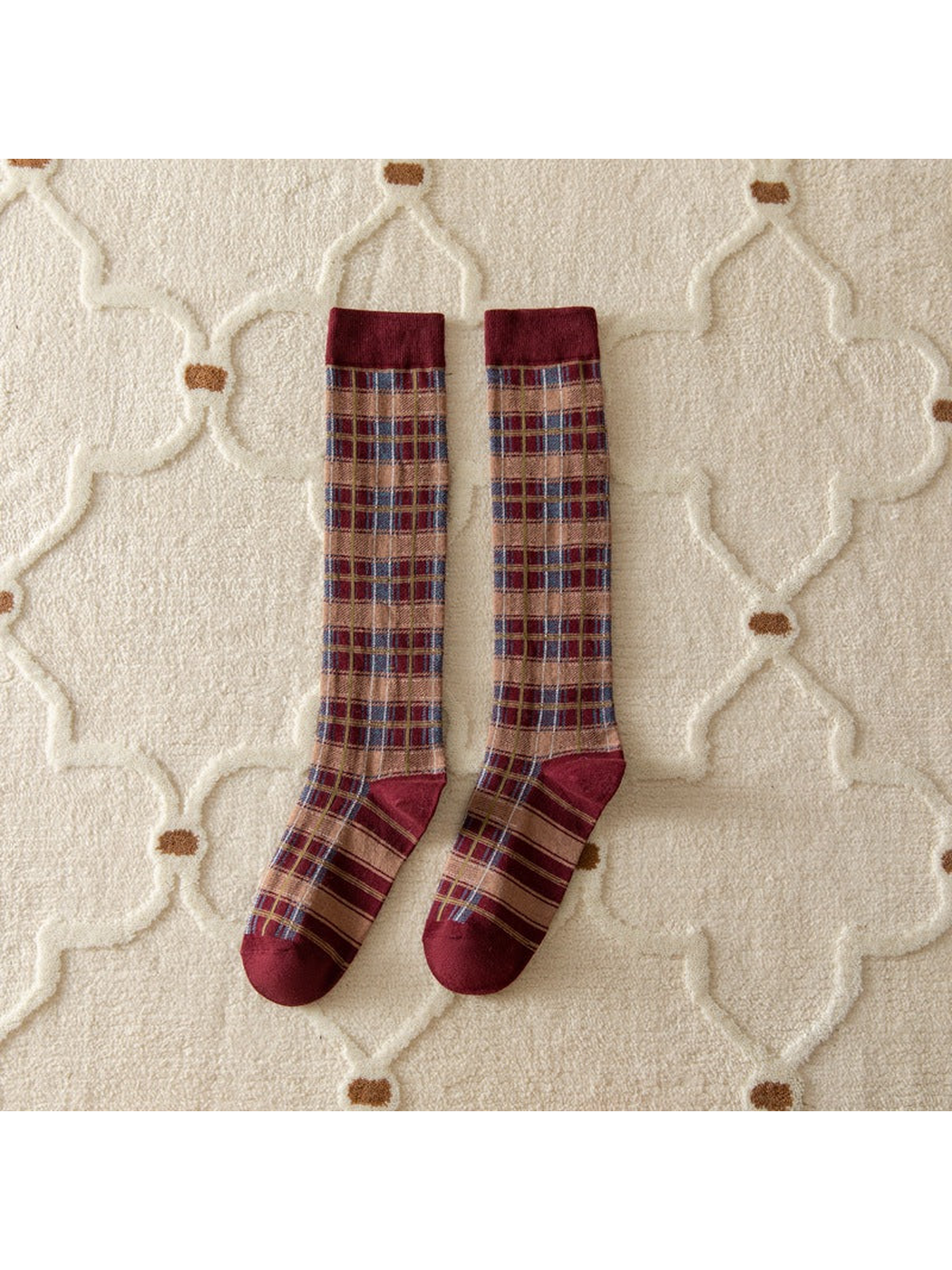 Burgundy plaid knee-high socks with contrasting cuffs, heels and toes