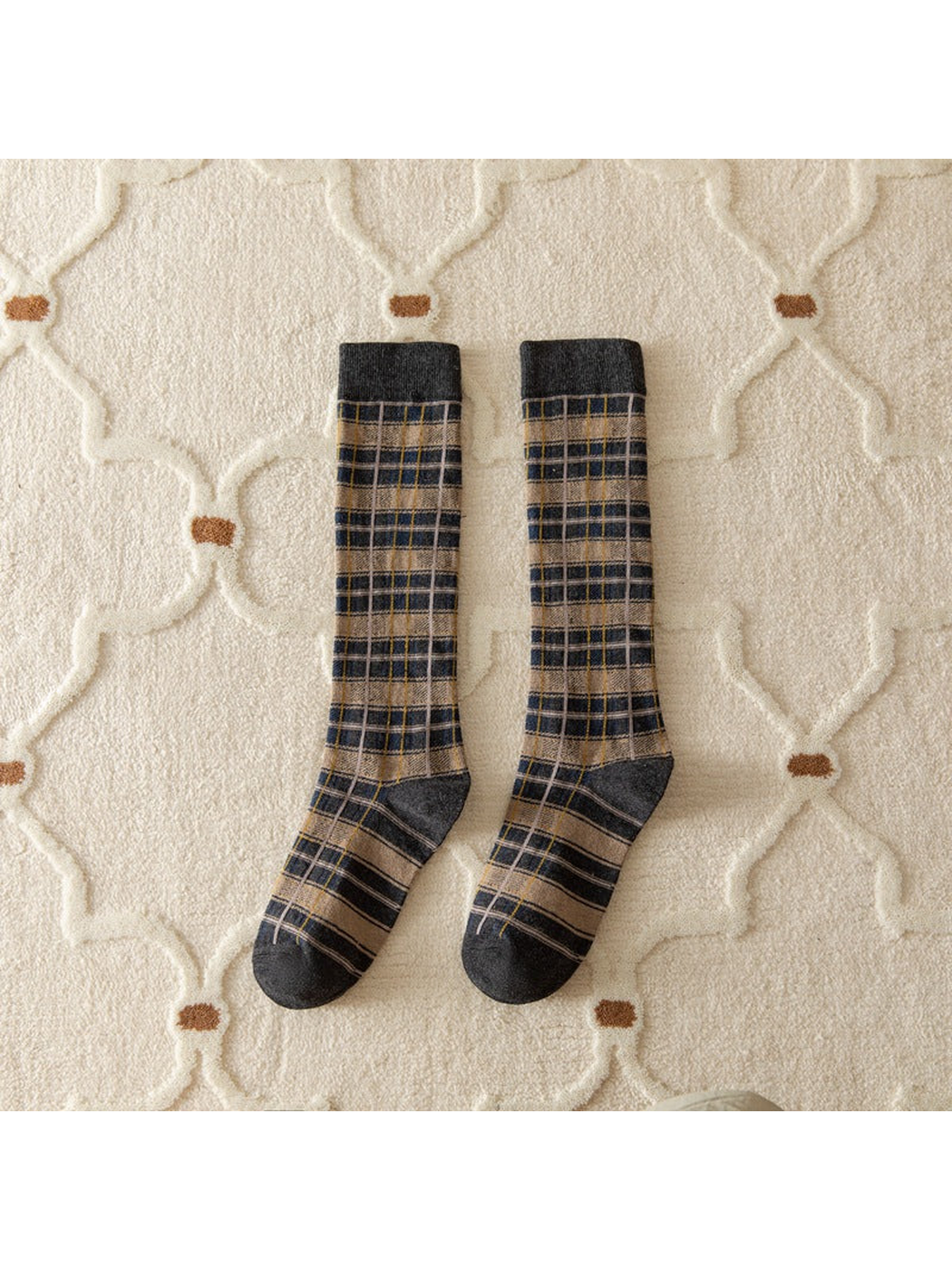 Dark Gray plaid knee-high socks with contrasting cuffs, heels and toes