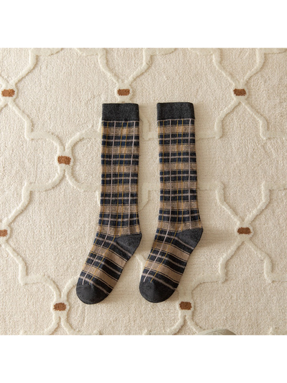 Dark Gray plaid knee-high socks with contrasting cuffs, heels and toes