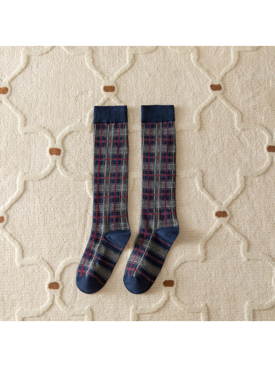 Navy plaid knee-high socks with contrasting cuffs, heels and toes